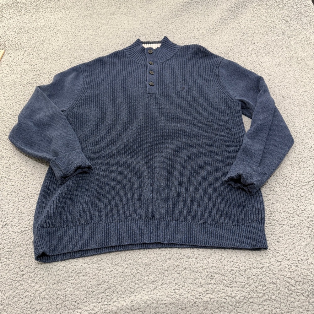 Nautica Henley Sweater Mens XL Navy Blue Ribbed Cotton Mock Neck Button Pullover